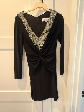 Badgley Mischka Black Long-Sleeve V-Neck Dress with Silver Sequin Trim